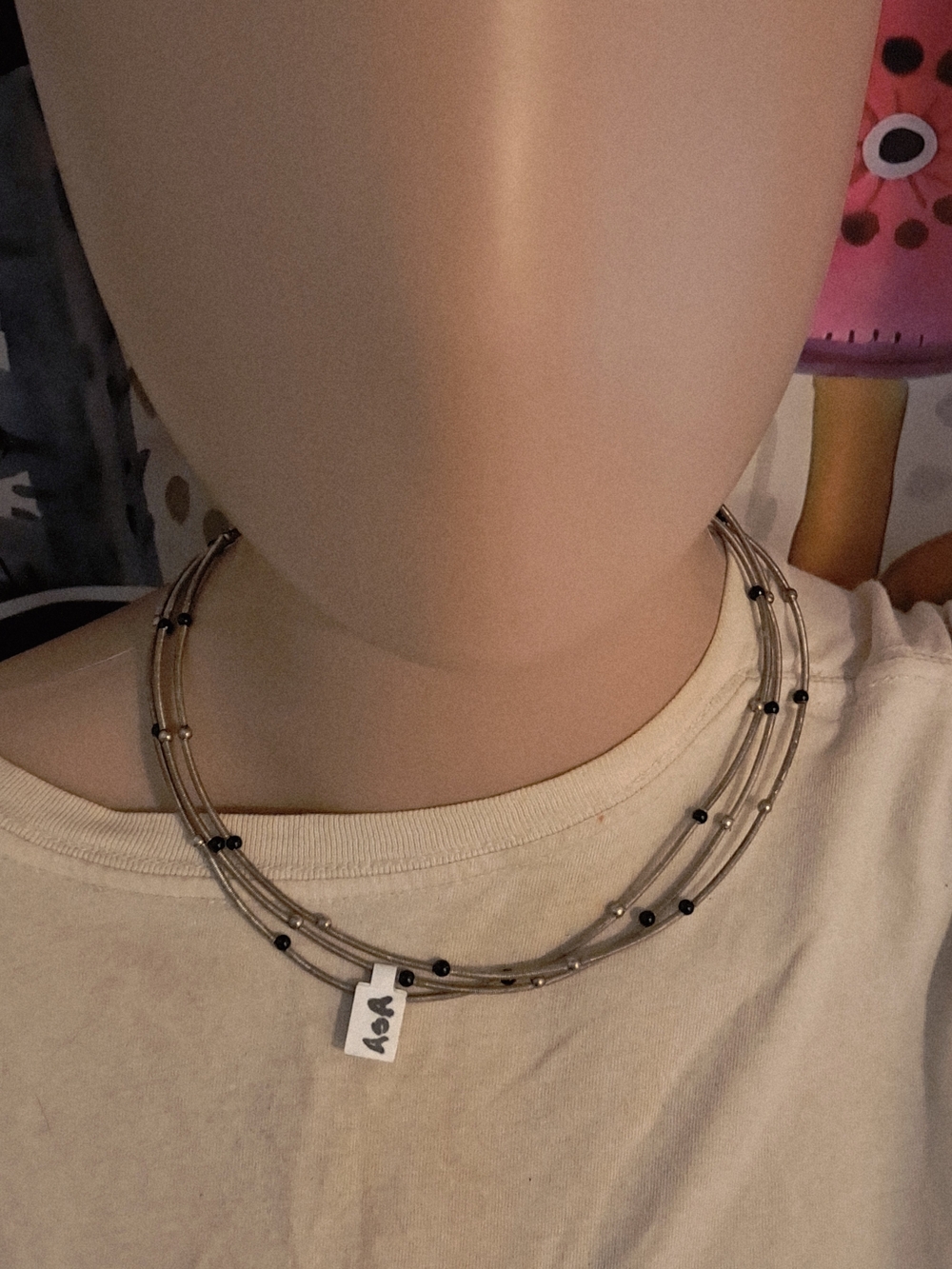 New York & Company Silver Guitar Wire Multi-Strand Necklace with Black Beads - Picture 1 of 5